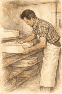Fromager en train de fabriquer du Comté dans une fromagerie traditionnelle à Trépot