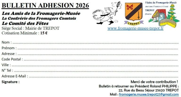 Aperçu du bulletin d'adhesion de 2026 de la Fromagerie Musée de Trépot