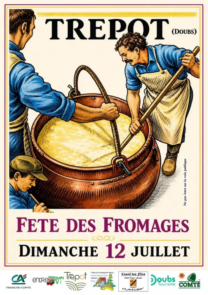 Affiche officielle avec partenaires de la 25e Fête des Fromages à Trépot dans le Doubs le 12 juillet 2026